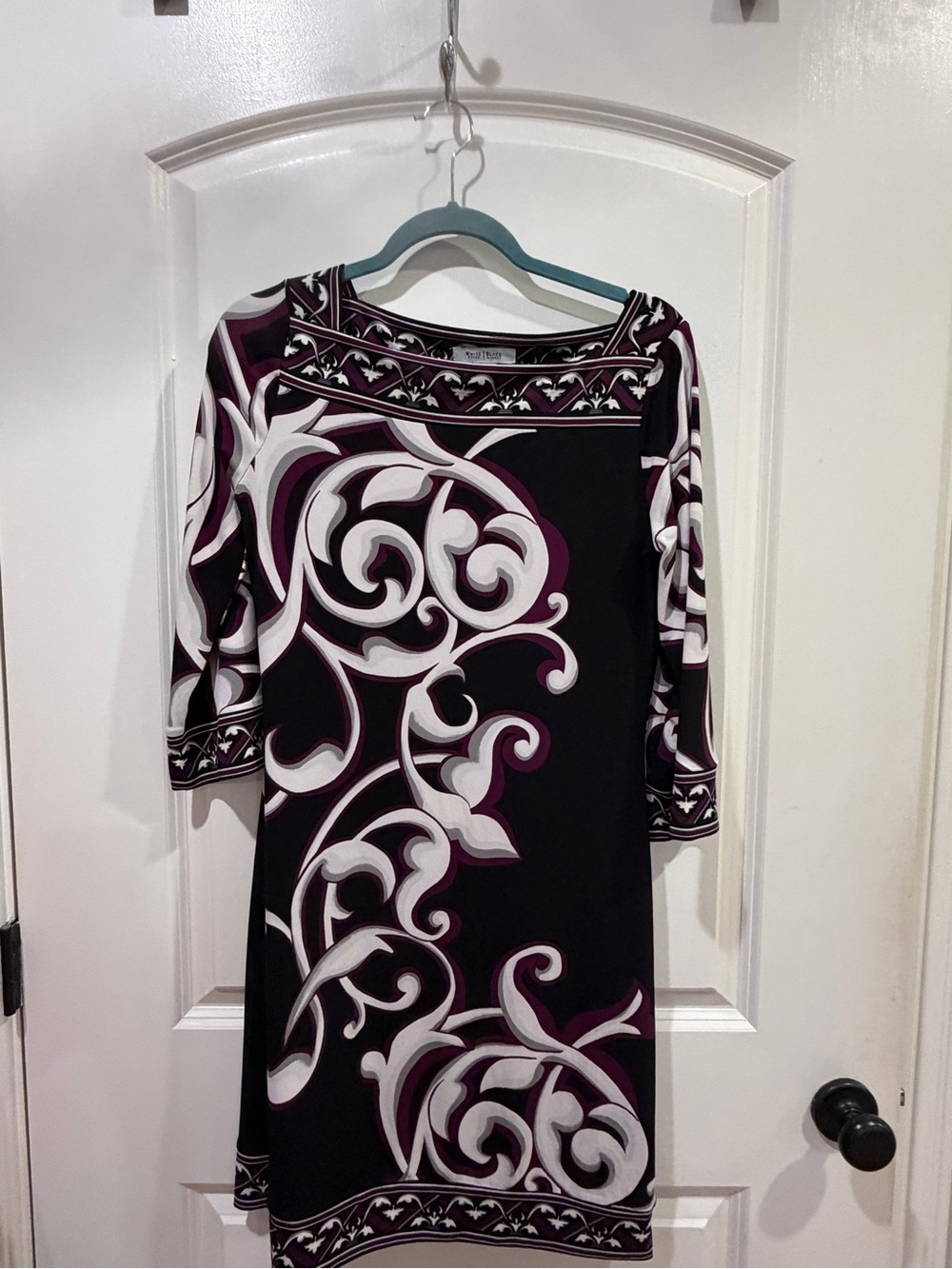 White House Black Market Black and Plum Scroll-Print Midi Dress